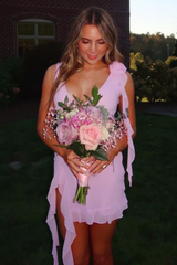 Chic Straps V-Neck A-Line Sleeveless Chiffon Ruffles Short Homecoming Dress