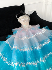 Gorgeous Sparkling Blue Sequin A-Line Elegant Chiffon Evening Dress Prom Dresses Ball Gown HZ1024