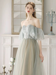 A-Line Tulle Sequin Light Green Long Prom Dress, Light Green Long Formal Dress