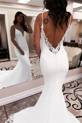 Mermaid V Neck Satin Wedding Dress with Appliques