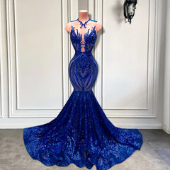 Pailletten Royal Blue Mouwlevess Mermaid Prom -jurk