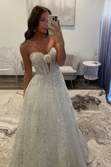 Sparkly White Sequins Long A Line Sweetheart Prom Dresses