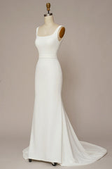 White Mermaid Square Neck Long Train Dress Wedding Dress