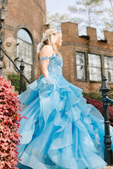 Aimishang Elegant Blue Off the Shoulder Ruffle Tiered Tulle Long Prom Dresses with Appliques
