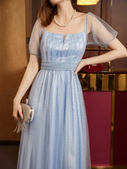 Women's blue sheer card polka dot printed ball elegant formal party prom dress