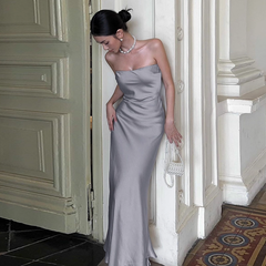 Enchanting Silvery Strapless Satin Mermaid Long Prom Dress Evening Dress HZ1024