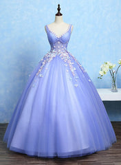 Cute Lavender Tulle Ball Gown V-neckline Sweet 16 Dresses, Light Purple Formal Dresses