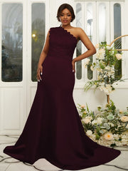 Sheath/Column Satin Lace One-Shoulder Sleeveless Sweep/Brush Train Bridesmaid Dresses