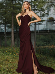 Sheath/Column Silk like Satin Ruched Sweetheart Sleeveless Sweep/Brush Train Bridesmaid Dresses