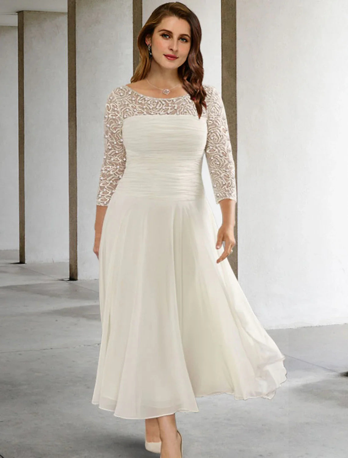 A-Line Plus Size Curve Mother of the Bride Dresses Elegant Dress Formal Wedding Guest Tea Length 3/4 Length Sleeve Jewel Neck Chiffon with Ruched Beading Sequin