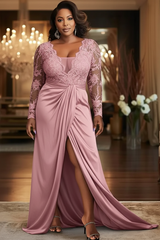 V-Neck Black Mother of the Bride Dress Long Sleeves lace Front Slit Wedding Guest Dress