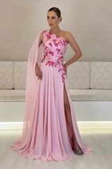 One-Shoulder Sleeveless Chiffon Evening Dresses Long with Side Slit