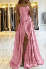 Simple Prom Dress Long With Spaghetti Straps Front Slit Satin Evening Dress