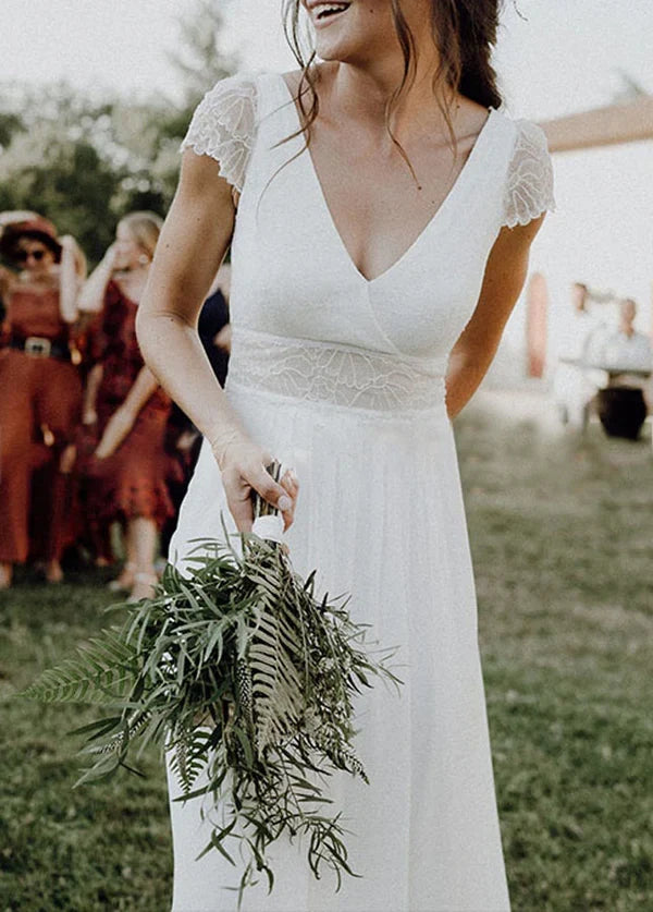 Chiffon V-Neck Short-Sleeve Wedding Dresses Cutout Back Bridal Gowns