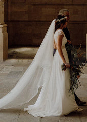 Chiffon V-Neck Short-Sleeve Wedding Dresses Cutout Back Bridal Gowns
