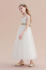 Cap Sleeve Sweetheart A-line Flower Girl Dress with Lace Ribbons and Tulle