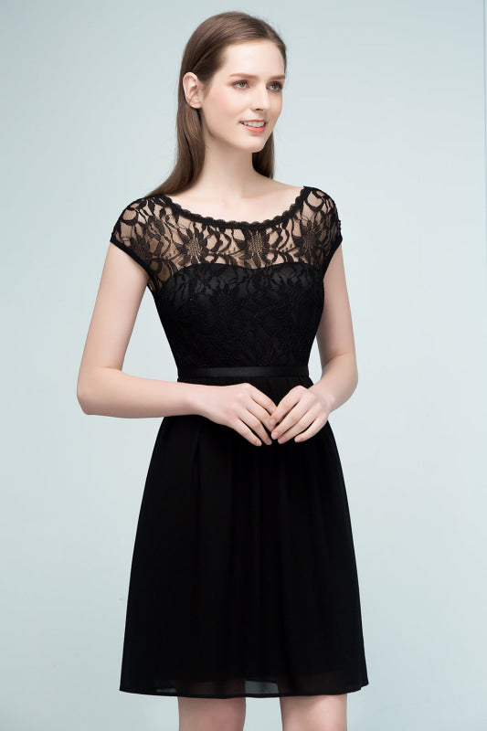 Cap Sleeves Chiffon Short Bridesmaid Dress Black