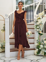 A-Line/Princess Silk like Satin Ruffles V-neck Sleeveless Tea-Length Bridesmaid Dresses