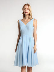 V neck Pleated Bodice Circle Skirt Mini Dress Sky Blue