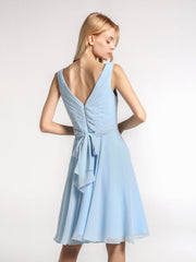 V neck Pleated Bodice Circle Skirt Mini Dress Sky Blue