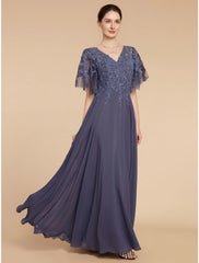 Aimishang  A-Line Mother of the Bride Dress Wedding Guest Elegant V Neck Floor Length Chiffon Lace Short Sleeve with Sequin Ruching Solid Color