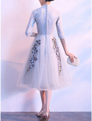 A-Line Mother of the Bride Dress Elegant Vintage High Neck Tea Length Lace Tulle Half Sleeve with Appliques