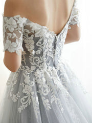 A-Line Gray Tulle Lace Long Prom Dresses, Gray Formal Evening Dress