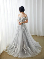 A-Line Gray Tulle Lace Long Prom Dresses, Gray Formal Evening Dress