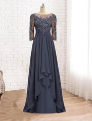 Aimishang  A-Line Mother of the Bride Dress Elegant V Neck Floor Length Chiffon Lace 3/4 Length Sleeve with Ruffles Appliques