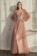 Cinderella Divine CD0175 Long Formal Short Sleeve Evening Dress