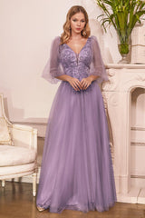 Cinderella Divine CD0182 Long Sleeve Mother of the Bride Long Tulle Dress
