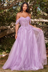 Cinderella Divine CD0198 Off Shoulder Corset Long Prom Ball Gown