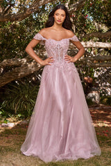 Cinderella Divine CD0198 Off Shoulder Corset Long Prom Ball Gown