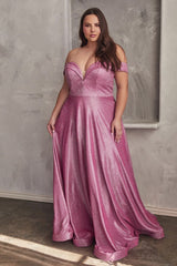 Cinderella Divine CD210C Prom Long Off Shoulder Metallic Plus Size Dress