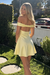 Classy Off-Shoulder Pleats Satin A-Line Mini Party Homecoming Dress