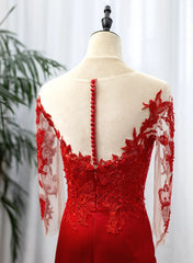 Red Satin with Lace Round Neckline Party Dress, Red Satin Evening Dress