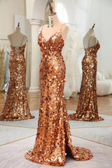 Mermaid Spaghetti Straps Long Sequin Prom Dress With Split Sparkly