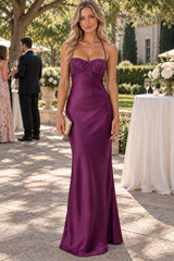 Chic Halter Sweetheart with Sequins Satin Long Prom Party Formal Dress