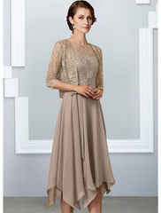 Aimishang A-Line Mother of the Bride Dress Elegant Jewel Neck Tea Length Chiffon Lace Half Sleeve with Pleats