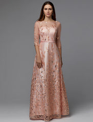 DingjiA-Line Floral Dress Valentine's Day Wedding Guest Floor Length 3/4 Length Sleeve Illusion Neck Bridesmaid Dress Lace with Pattern / Print Appliques