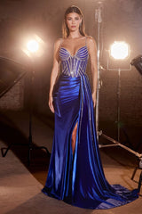 Cinderella Divine S440 Long Formal Spaghetti Strap Beaded Satin Prom Dress