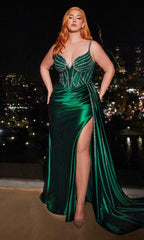 Plus-Size Beaded-Bodice Long Satin Prom Dress