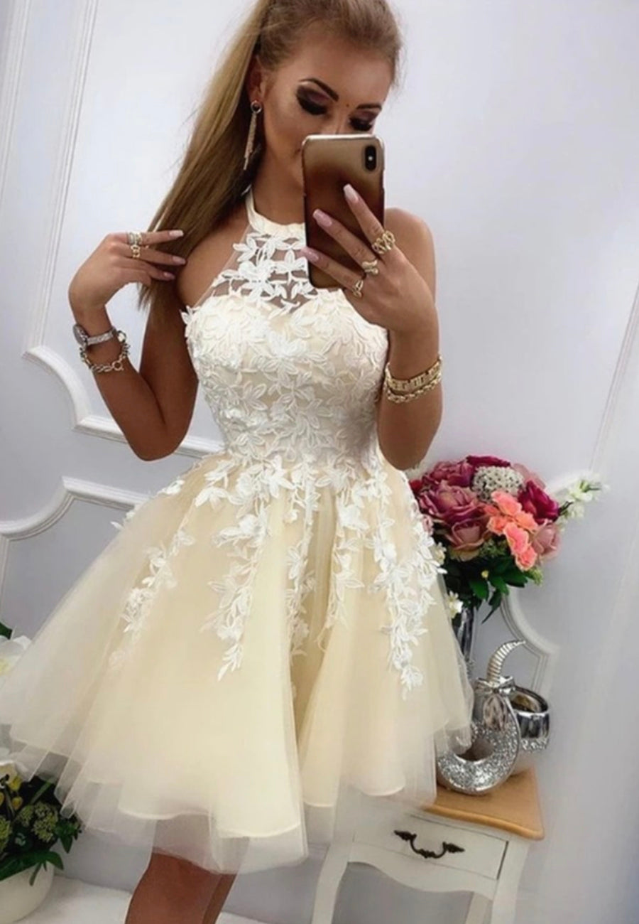 Champagne Lace Short Prom Dresses, A-Line Homecoming Dresses
