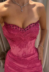 Vintage Fuchsia Sheath Lace Evening Gown High Slit Party Dress Long Formal Dress HZ1024
