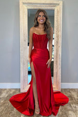 Charming Scoop Neck Red Slit Mermaid Prom Dresses