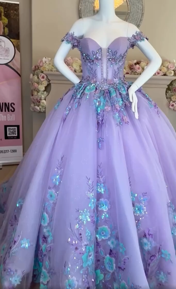 Vintage Lilac Sequin Sweetheart Off-the-shoulder Sweet 16 Quinceanera A-Line Floor-length Prom Dress Birthday Dress Evening Dress Ball Gown HZ1024