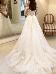 Vintage Formal Wedding Dresses Ball Gown Off Shoulder Long Sleeve Chapel Train Lace Bridal Gowns With Buttons Appliques