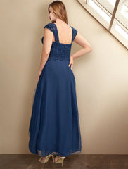 Two Piece A-Line Mother of the Bride Dresses Plus Size Hide Belly Curve Elegant Dress Formal Asymmetrical Half Sleeve Square Neck Chiffon with Pleats Appliques