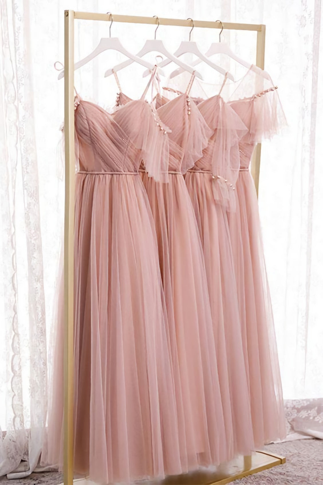 Blush roze tule lange bruidsmeisje jurken, prom -jurk, avondjurken