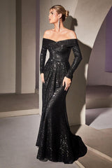 Cinderella Divine CH135 Long Sleeve Sequin Evening Gown